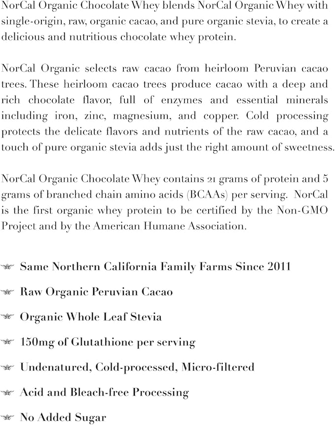 NorCal Organic Chocolate Whey Protein | 100% USA Grass-Fed USDA Certified | Naturally Flavored with Raw Cacao from California Family Farms | 32 Ounce (Pack of 1) - 32 Servings