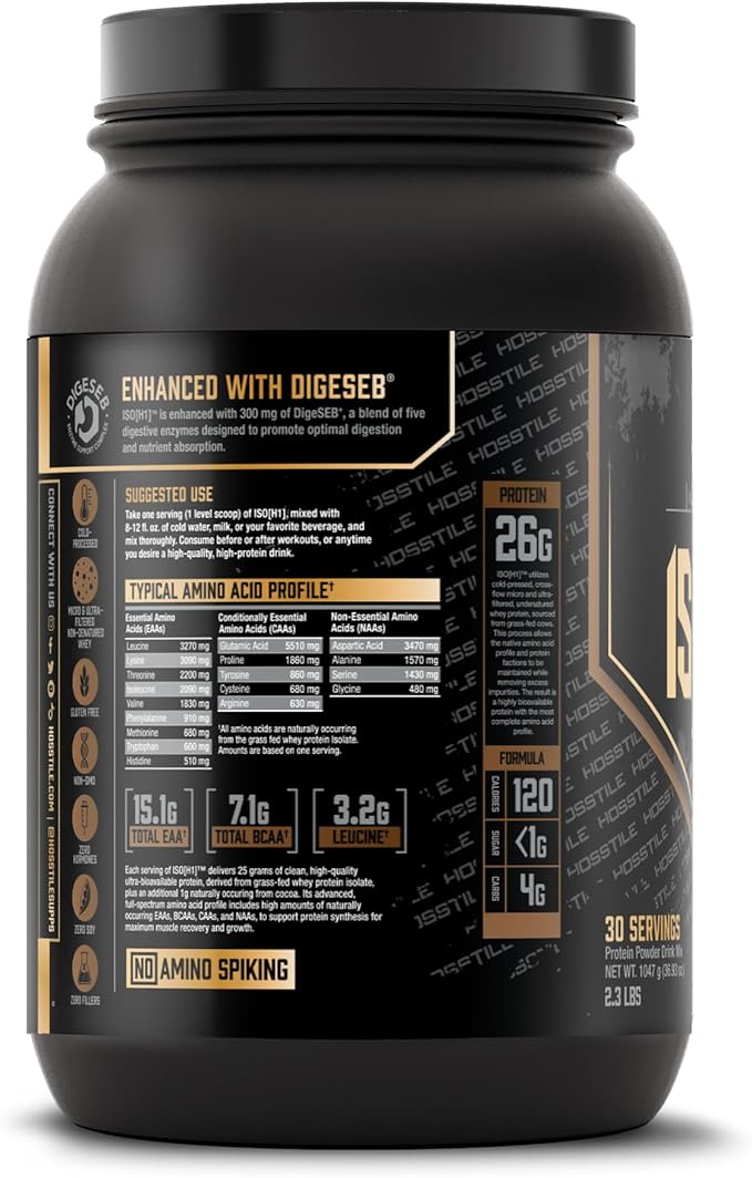 HOSSTILE ISO[H1] Grass Fed Whey Protein Isolate with Digestive Enzymes Whey Protein Powder for Muscle Gain &amp Muscle Recovery Post Workout Recovery Drink Milk Chocolate 30 Servings