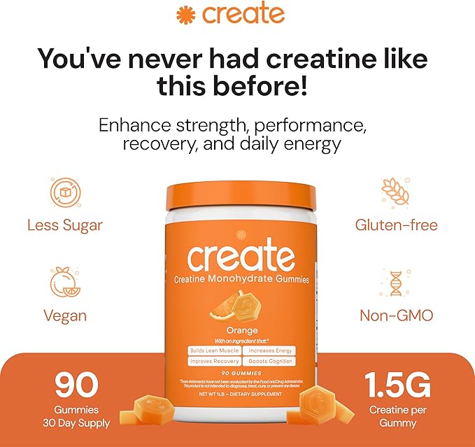 Create Creatine Monohydrate Gummies for Men &amp Women Boost Focus Strength and Endurance Anti-Melting Formula Vegan Gluten-Free Non-GMO 1.5g of Creatine per Gummy (Orange)