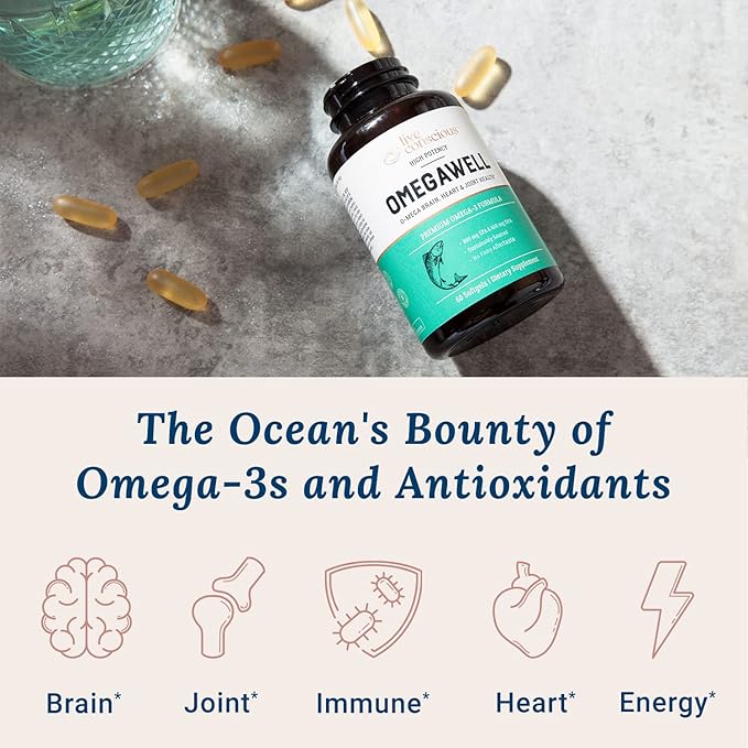 Live Conscious OmegaWell Omega 3 Fish Oil - 2000mg Capsules: Heart Brain &amp Joint Support - 800 mg EPA 600 mg DHA - Sustainably Sourced - Softgels - 30 Day Supply