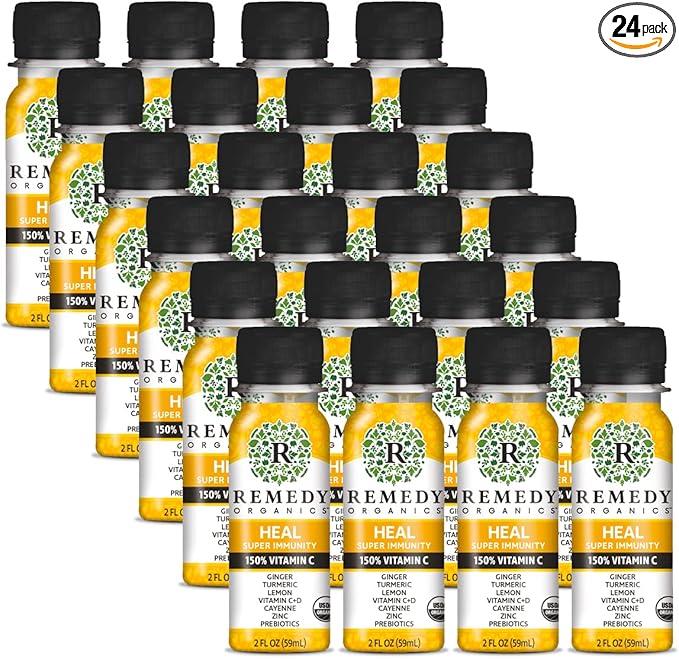 Remedy Organics Immunity Plus Shot Heal 24-Pack | Boost Energy Brain Function Detoxification and Metabolism | Certified-Organic Ingredients