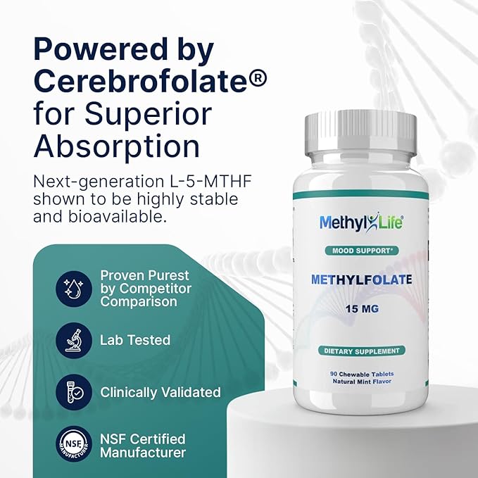 Methyl-Life® L-Methylfolate 15 mg for Women &amp Men – Active Folate Supplement with ultrapure Cerebrofolate® (L-5-MTHF Calcium) – High Bioavailability B9 Support – Tasty Chewable Tablets | 90 Count