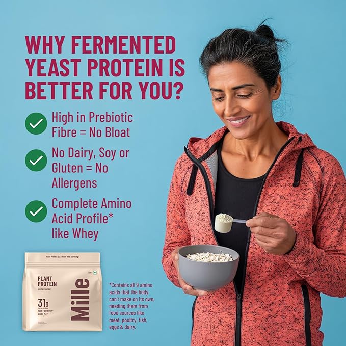 Mille Plant Protein Powder Unflavored | 31g Protein per Scoop | Vegan Yeast Protein | Non-Bloating | Mixes Easily into Any Dish | Clean Plant-Based Blend | 17.64 Oz (500g)