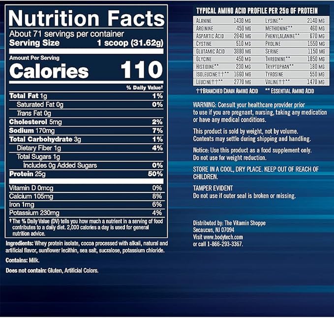 BodyTech Whey Protein Isolate Powder Rich Chocolate Flavor 25g Protein per Serving High Concentrated Protein Powder with Amino Acids &amp BCAAs for Men and Women Gluten Free 5 lb 71 Servings
