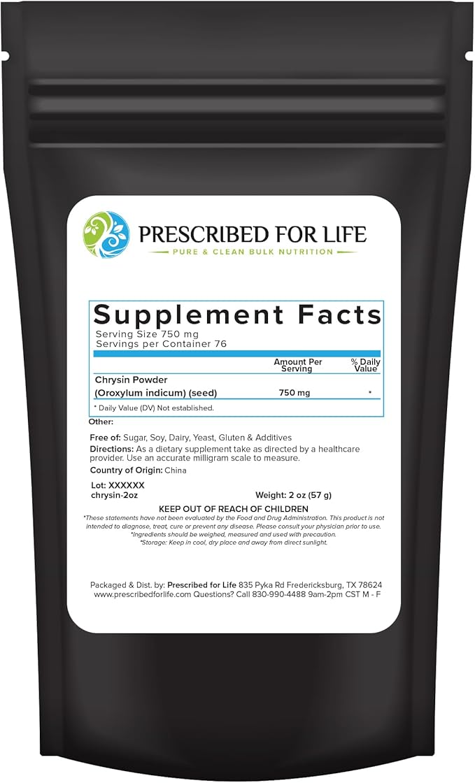 Prescribed For Life Chrysin Powder 98% High Purity Powder Natural Flavonoid Supplements Vegan Gluten Free Non GMO (2oz / 56g)