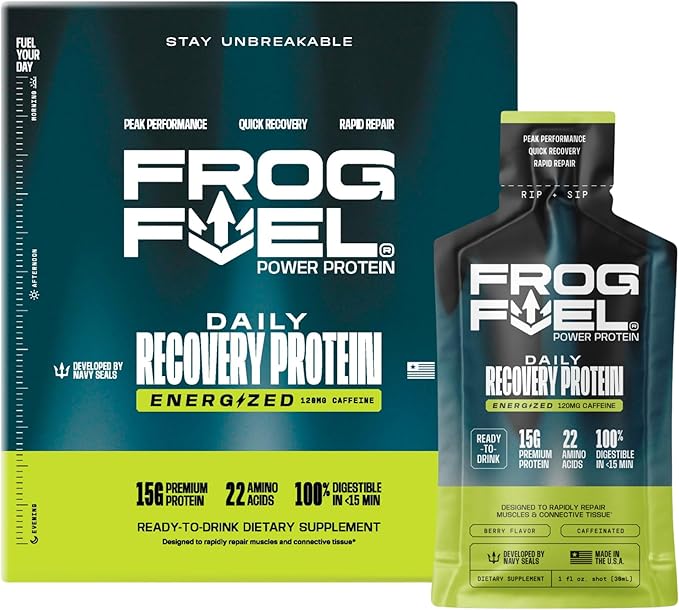 Frog Fuel Power Regular &amp Power Energized Complete Protein Shot Bundle 15g Protein Nano-Hydrolyzed Grass Fed Collagen Post Workout Fat &amp Sugar Free 22 Amino Acids Berry 1 oz Packets 48