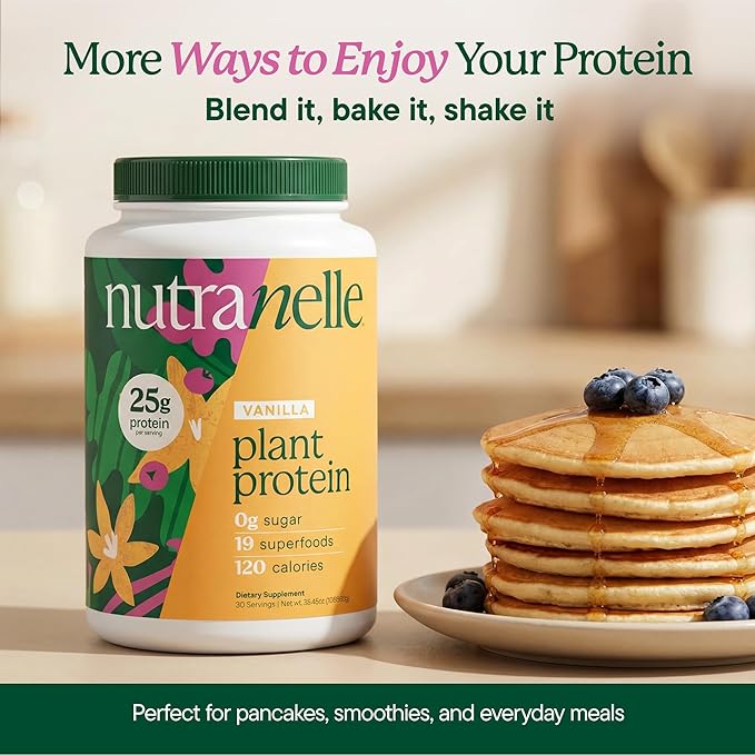 Nutranelle Vanilla Protein Powder - 25g Vegan Protein Powder with Greens - Unsweetened &amp Gluten Free Plant Based Protein - Gluten Free Nutrition Made in USA - Perfect for Smoothies Shakes &amp R