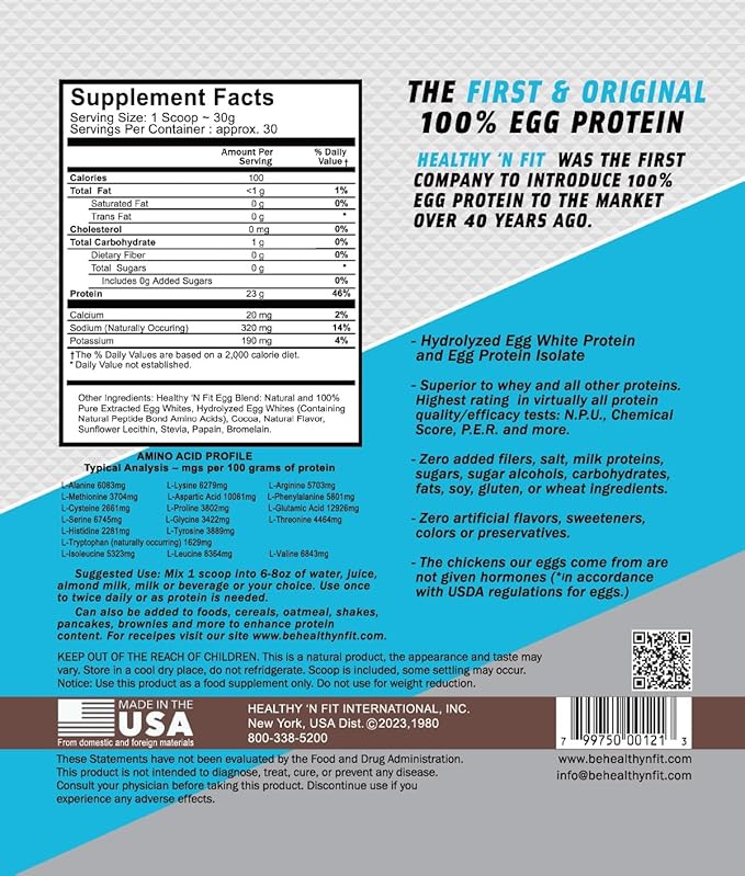 Healthy 'N Fit 100% Egg Protein -Chocolate 2lb Lactose Free Sugar Free Naturally Sweetened