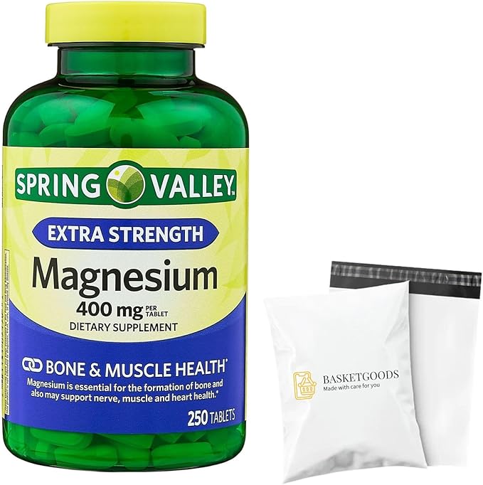 Spring Valley Magnesium 400 mg Bone &amp Muscle Health Tablets Dietary Supplement 250 Count Best Magnesium Supplement for Women Pastillas de Magnesio para Mujer - Set by Basket Goods