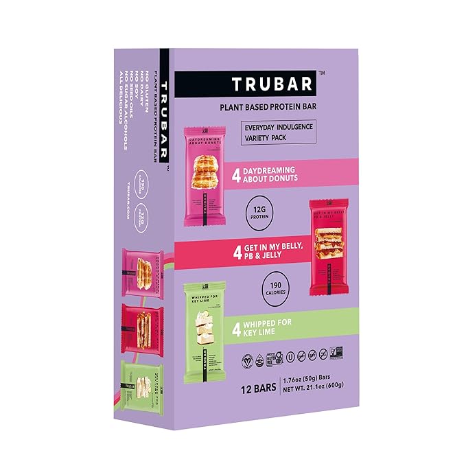 TRUBAR Vegan Protein Bar Variety Pack Assorted Flavors Donuts PB &amp Jelly Key Lime Gluten Free Vegan Protein Snacks 12G Plant-Based Protein High Fiber Healthy Protein Bars 12 CT