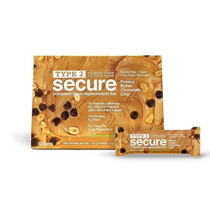 ANDREW LESSMAN Type 2 Secure Complete Meal Replacement Bars (Stevia) – Peanut Butter Chocolate Chip – 24 ct box – 10g Protein 0g Added Sugar 16 Essential Vitamins &amp Minerals Gluten-Free Vegan