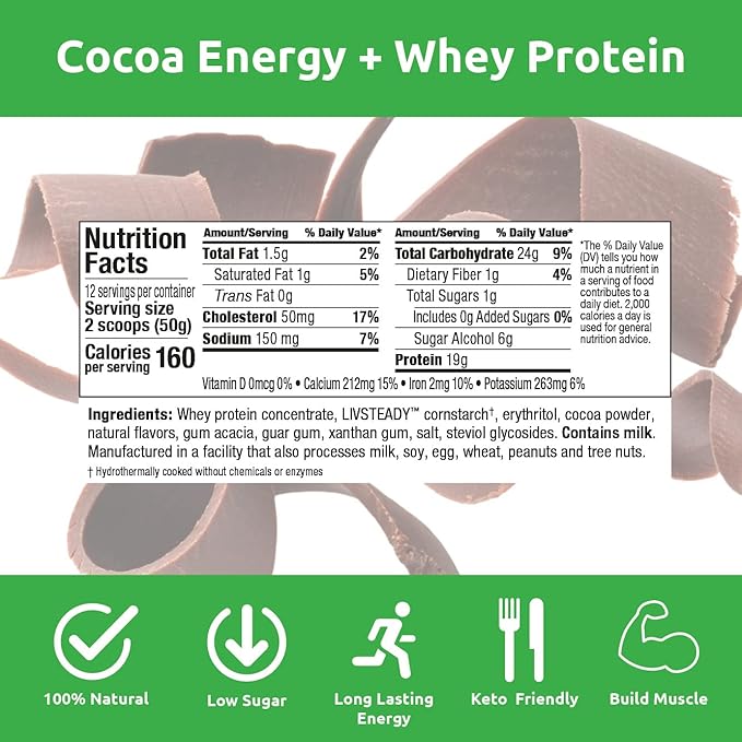 UCAN Energy + Whey Protein Powder - 19g Per Serving with Amino Acids EAAs &amp BCCAs - Keto Protein Powder - No Added Sugar Gluten-Free - Cocoa - 12 Servings