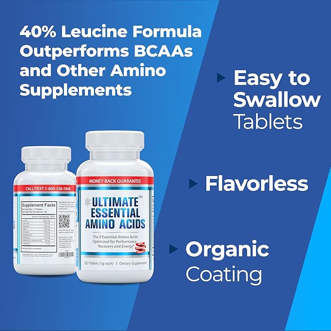 Ultimate 100% Essential Amino Acid Supplement for Cutting Fasting &amp Workouts - All 9 EAAs 40% Leucine — Ideal BCAA Ratio for Energy Muscle &amp Recovery - 300 Easy-to-Swallow Keto &amp Vegeta