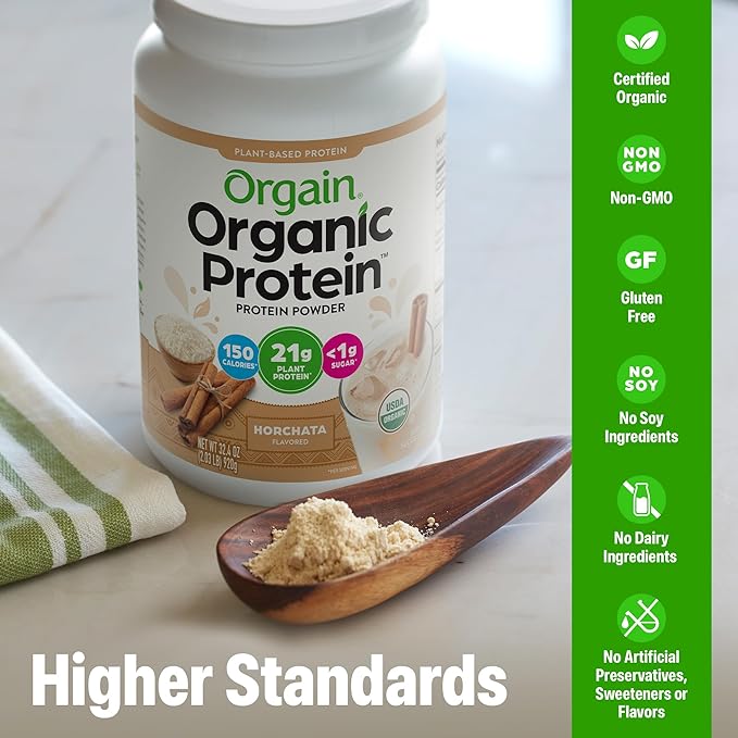 Orgain Organic Vegan Protein Powder Horchata - 21g Plant Based Protein 9g Prebiotic Fiber Low Net Carb No Lactose Ingredients No Added Sugar Non-GMO For Shakes &amp Smoothies 2.03 lb