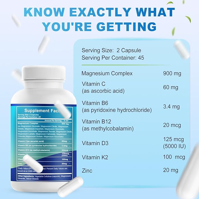 VYXION Magnesium Complex 900mg per Serving – High Absorption Magnesium Glycinate with Vitamin D3 K2 Zinc &amp B Vitamins – Sleep Calm Muscle &amp Nerve Support – 90 Capsules
