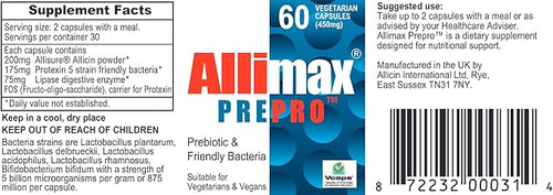 ALLIMAX Pre Pro - 60 Caps. Stabilized allicin Plus prebiotics probiotics and Digestive enzymes.