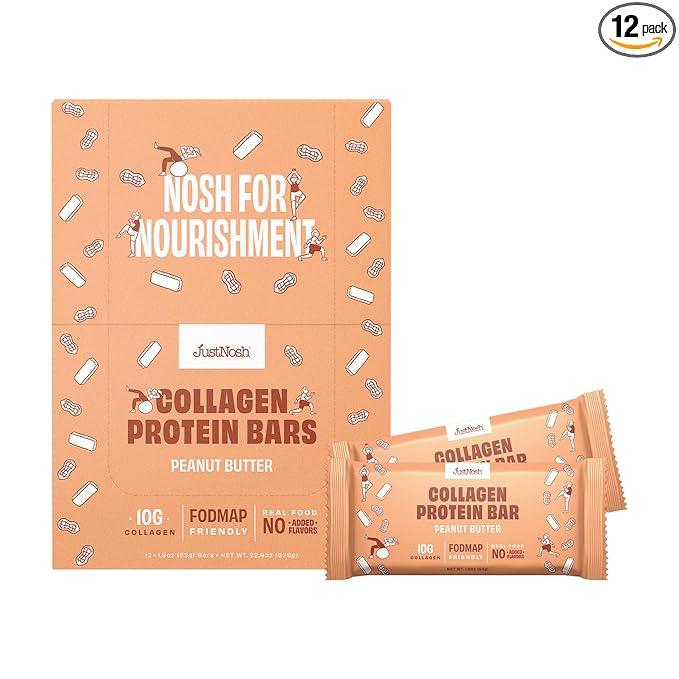 JUSTNOSH Peanut Butter Collagen Protein Bars – 16g Protein 10g Collagen | Gluten &amp Dairy Free Low FODMAP Seed Oil Free (12 Pack)