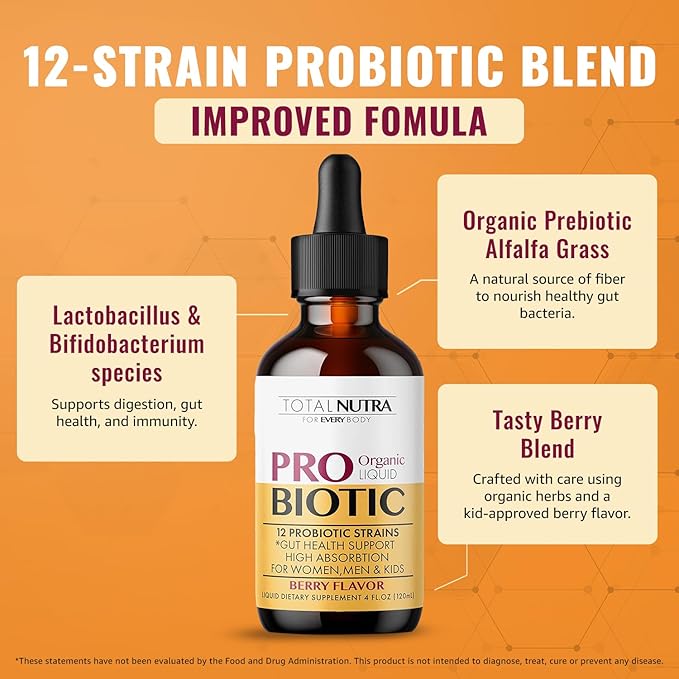 USDA Organic Liquid Probiotic for Kids Women &amp Men Toddler Probiotic Drops with Alfalfa Prebiotic Blend + Acidophilus for Gut Health Vegan Non-GMO Dairy Gluten &amp Sugar Free