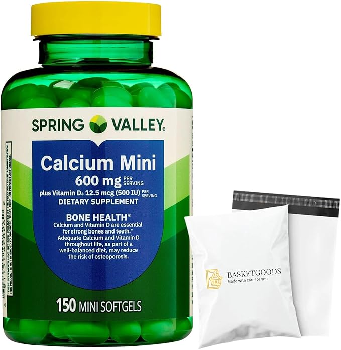 SV Calcium 600mg with Vitamin D3 Bone &amp Teeth Support 150 Mini Softgels – Easy to Swallow Gluten-Free Non-GMO Set by Basketgoods