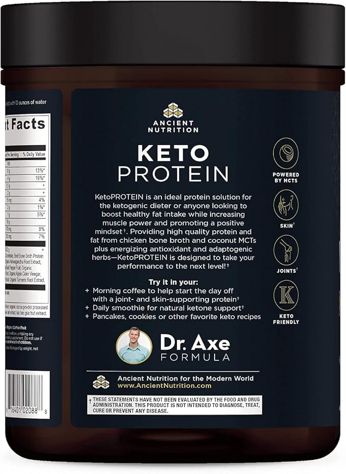 Ancient Nutrition Keto Protein Powder KetoPROTEIN with Fats from Bone Broth and MCT Oil Chocolate 18g Protein 10g Fat Per Serving Gluten Free Low Carb Paleo Friendly 17 Servings