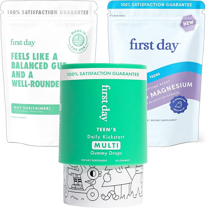 FIRST DAY Teens Wellness Bundle with Multivitamins Tribiotics &amp Calming Magnesium Gummies – Supports Nutrition Immune &amp Digestive Health Balanced Mood &amp Energy – 30 Day Supply