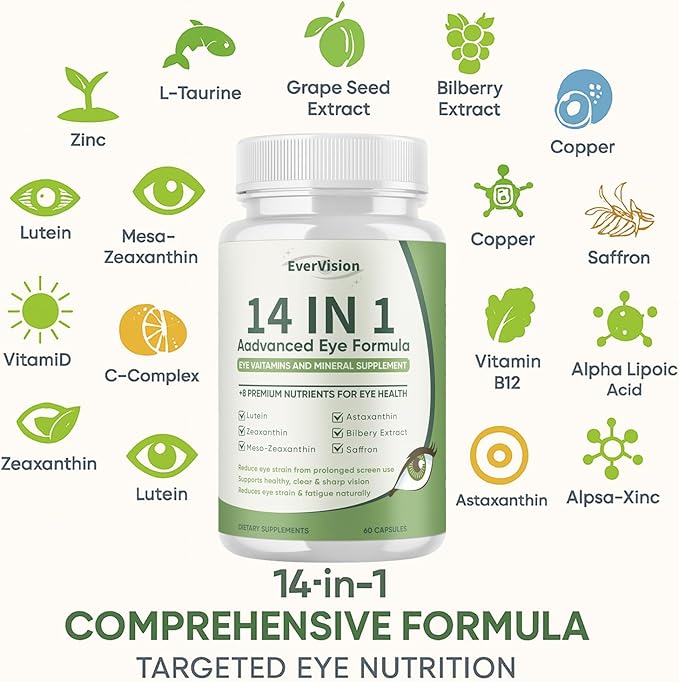 14 in 1 Advanced Eye Formula - Eye Vitamins &amp Minerals Supplement with Lutein Zeaxanthin Astaxanthin Bilberry Zinc 14-in-1 Formula for Eye Health Support - 60 Capsules (2)
