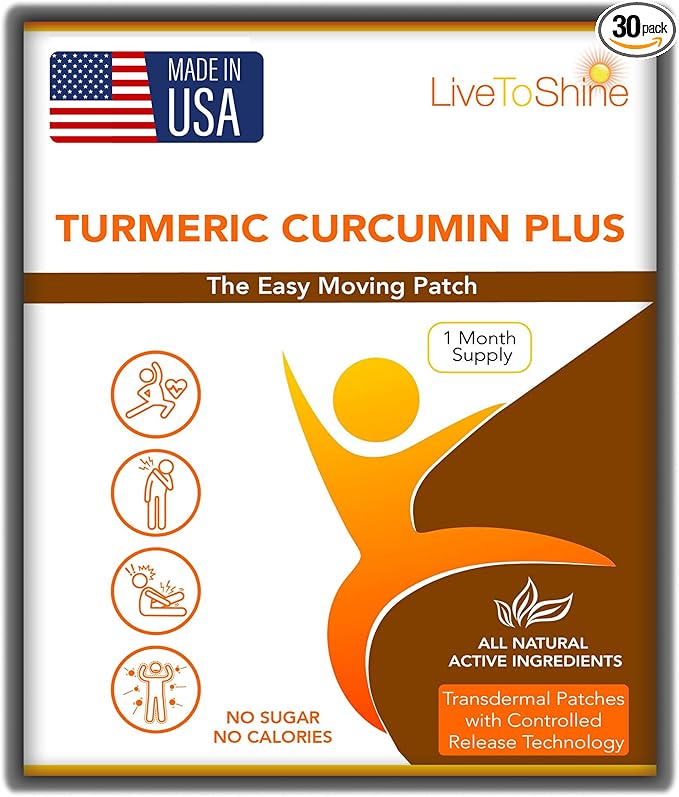 Live To Shine Turmeric Curcumin Topical Patches with Ginger Boswellia &amp Holy Basil – Easy Plant-Based Alternative to Pills – 30-Day Supply – Vegan Clean USA Made