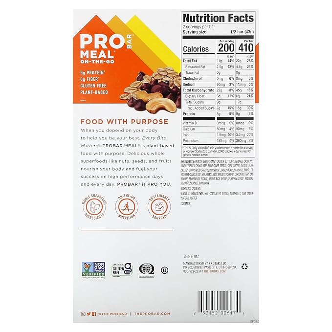 ProBar Meal-On-The-Go Oatmeal Chocolate Chip 12 Bars 3 oz (85 g) Each
