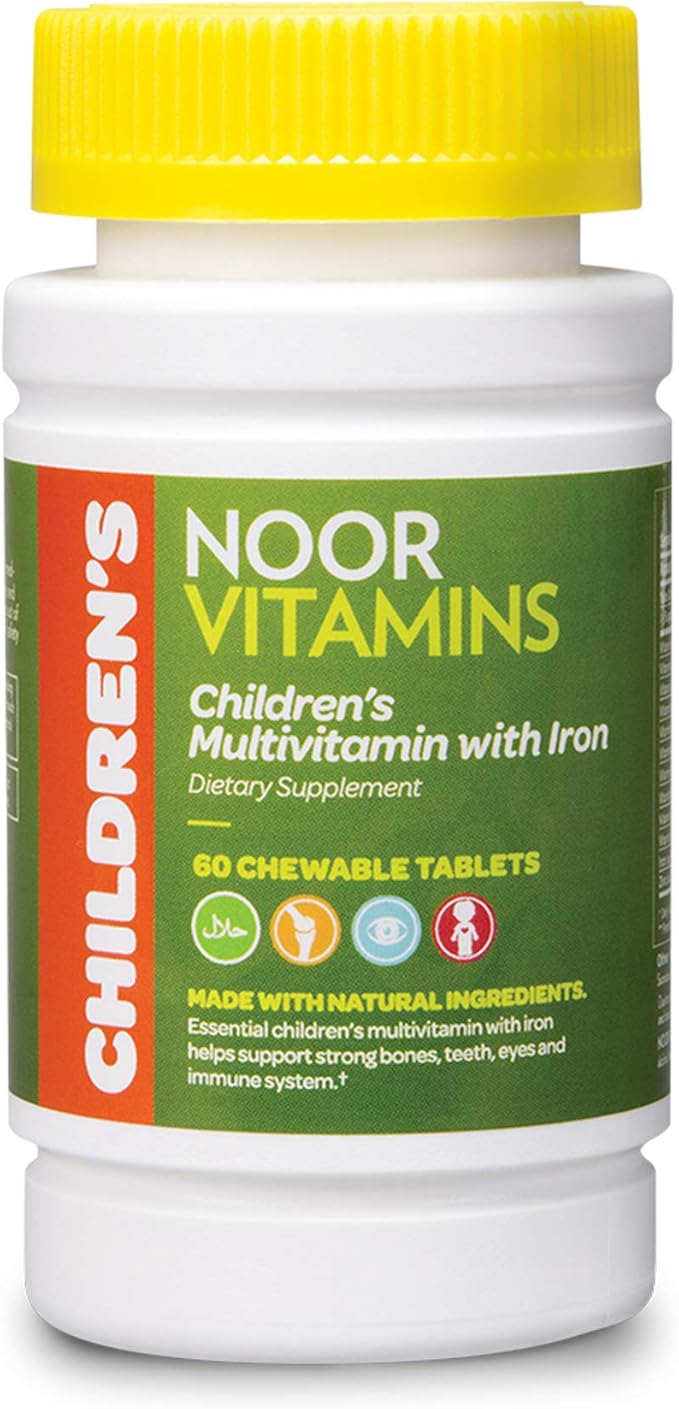 Noor Vitamins Halal Kids Multivitamin Chewable: Essential Vitamins for Immune Bone &amp Eye Health with Iron - Non GMO &amp Gluten Free - Halal Vitamins 60 Count (2 Month Supply)