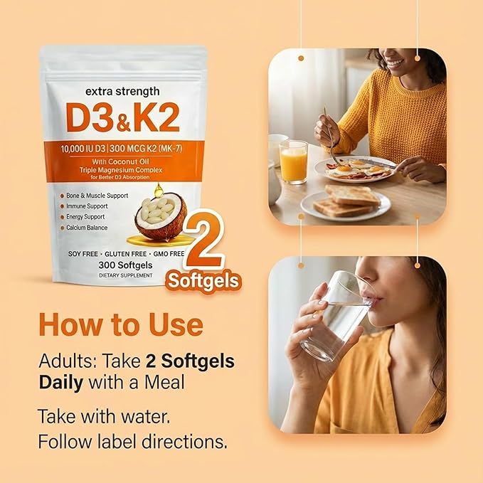 ELVERA Vitamin D3 K2 Magnesium Complex Extra Strength D3 &amp K2 with Triple Magnesium Softgels D3 K2 Vitamin 10000 IU Softgels(1)