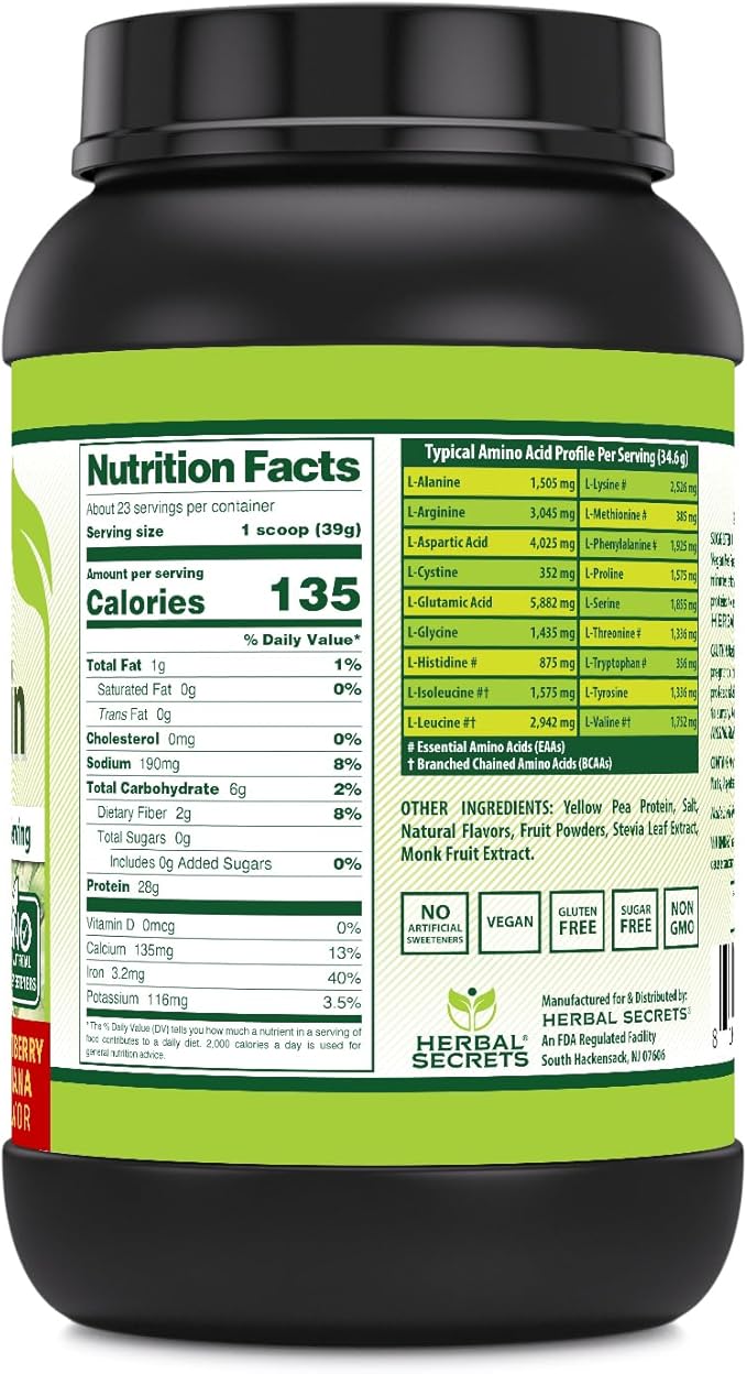 Herbal Secrets Vegan Protein | 28 Grams Protein | 23 Servings | 6.2 Grams BCAA Supplement | Made in USA (2 Lb Strawberry Banana)