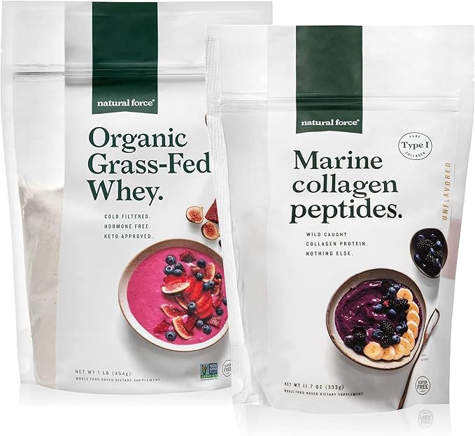 Natural Force Grass Fed Organic Whey Protein Powder Unflavored - 16 oz Organic Clean Collagen Peptides Powder Unflavored 32oz