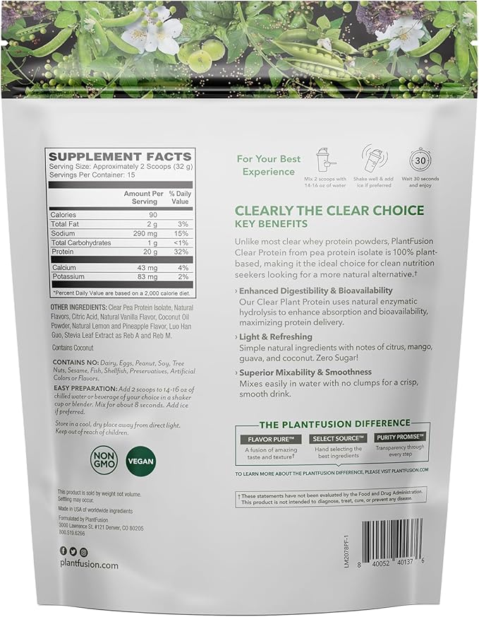PlantFusion Vegan Clear Protein Powder with Pea Protein Peptides - 20g Fast-Absorbing in Water 90 Calories Zero Sugar Premium Alternative to Clear Whey - 16 oz