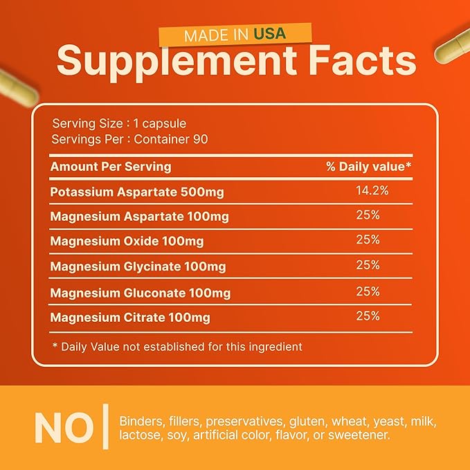 Invita Potassium Magnesium Complex 1000 MG for Leg &amp Muscle Support I (90 Capsules) - High Absorption Potassium Aspartate with Magnesium Aspartate Oxide Glycinate Gluconate &amp Citate