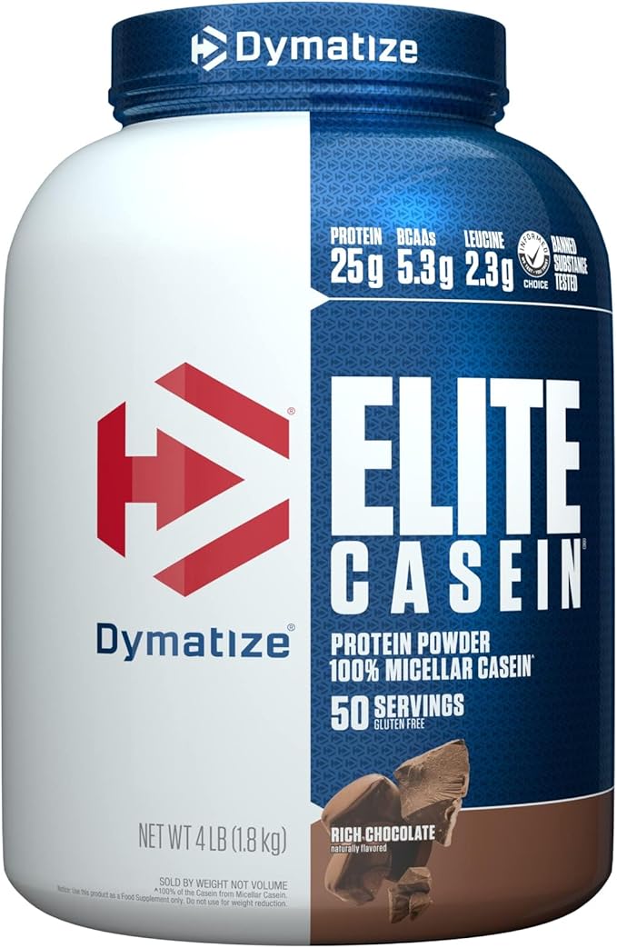 Dymatize Elite Casein Protein Powder Chocolate 100% Micellar Casein 25g Protein 5.4g BCAAs 2.3g Leucine Slow Absorbing for Overnight Muscle Recovery 4 lb (50 Servings)
