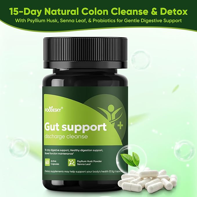 Gut Support Capsules - 15-Day Digestive Support with Psyllium Husk &amp Senna Leaf - Aids Bowel Function &amp Gut Wellness - 60 Active Capsules (2PCS)