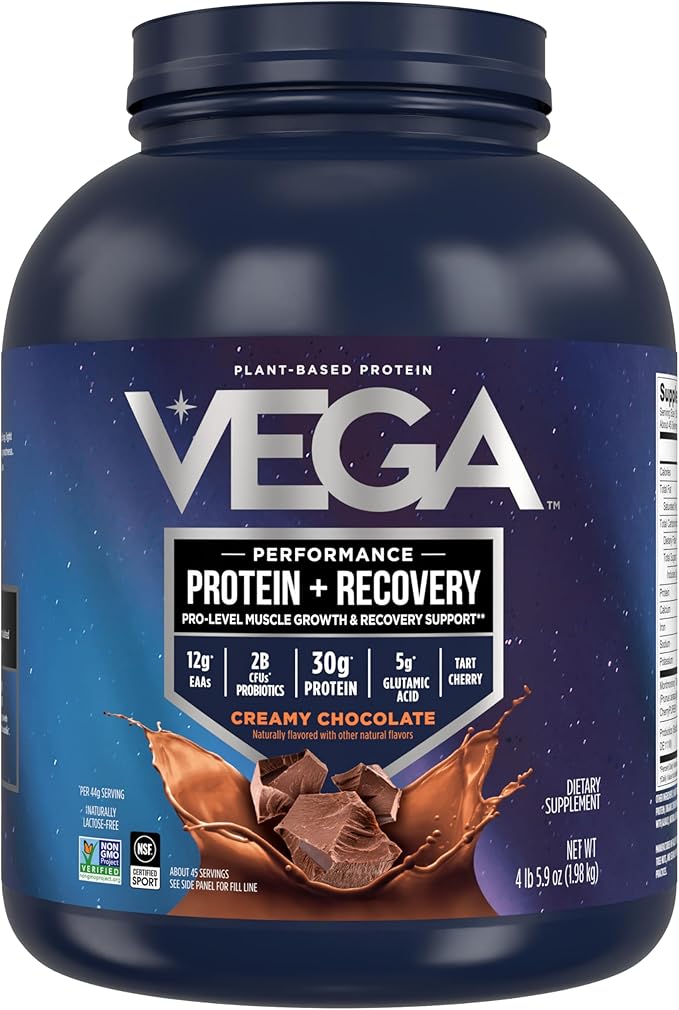 Vega Sport Vegan Protein Powder + Recovery - 30g Plant Based Protein Chocolate 45 Servings 5g BCAAs Probiotics NSF Certified for Shakes &amp Smoothies 4.4lbs (Packaging May Vary) (Pack of 6)