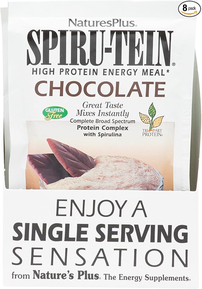 NaturesPlus SPIRU-TEIN Chocolate - 8 Total Packets - Plant-Based Protein Shake - Non-GMO Vegetarian Gluten Free - 8 Total Servings