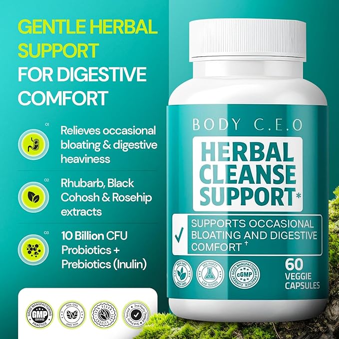 Herbal Cleanse Support - Botanicals &amp 11-Strain Probiotic Blend - Supports Digestion Bowel Movements Gut Balance &amp Regularity - 60 Veggie Capsules