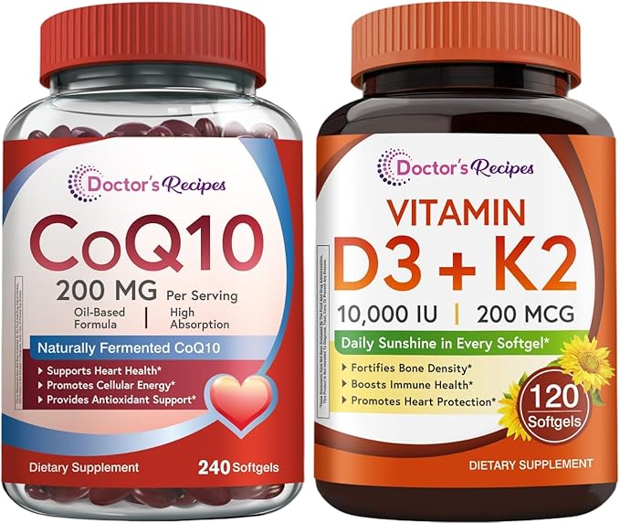 Doctor's Recipes CoQ10 200mg Softgels &amp Vitamin D3 K2 Softgels Bundle Coq10 240ct for Heart Heath Vitamin D3 K2 120ct for Immune and Bone Health Support