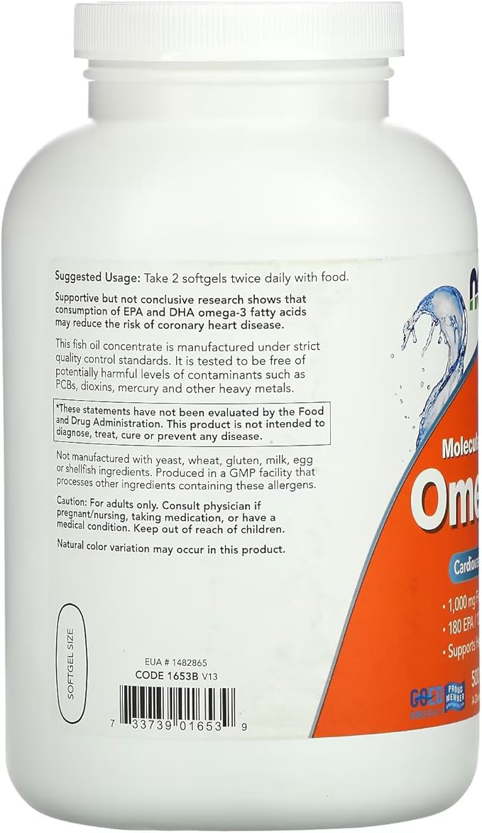 NOW Foods Supplements Omega-3 180 EPA / 120 DHA Molecularly Distilled Cardiovascular Support* 500 Softgels (Pack of 2)