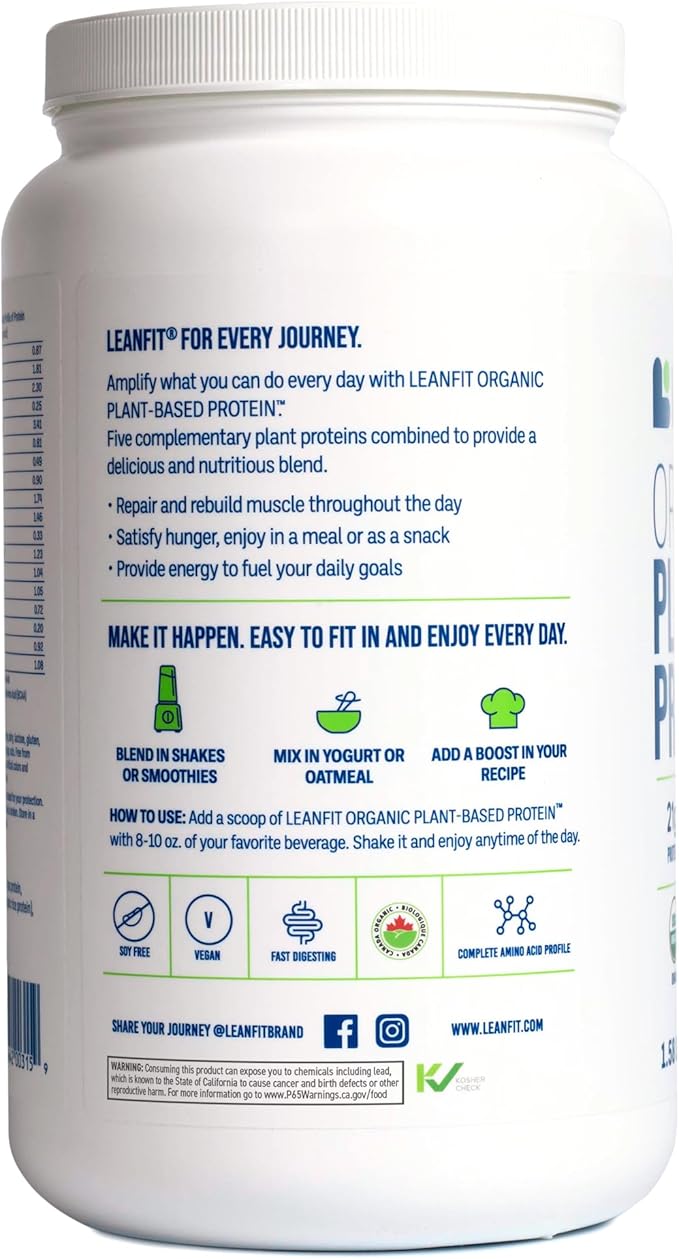 LeanFit Organic Plant-Based Protein Unflavored 21g Vegan Protein 26 Servings 1.58 Pound (715g) Tub Low Calorie Soy-Free Gluten-Free Lactose Free Sugar-Free Non-GMO