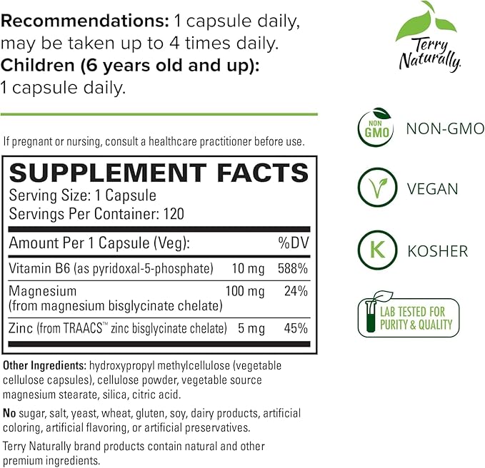 Terry Naturally BioActive Magnesium Complex - Bone &amp Heart Health Support - Supplement with Vitamin B6 Zinc &amp Magnesium - Pyridoxal-5-Phosphate Vegan Capsule Supplement - 120 Capsules (Pack o