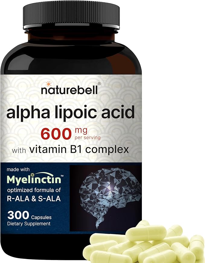 NatureBell Alpha Lipoic Acid Complex 600mg 300 Capsules | 4-in-1 Myelinctin Formula with R-ALA S-ALA Thiamine &amp Benfotiamine | High Absorption &amp Antioxidant Support | Non-GMO Gluten-Free