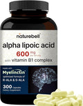 NatureBell Alpha Lipoic Acid Complex 600mg 300 Capsules | 4-in-1 Myelinctin Formula with R-ALA S-ALA Thiamine &amp Benfotiamine | High Absorption &amp Antioxidant Support | Non-GMO Gluten-Free