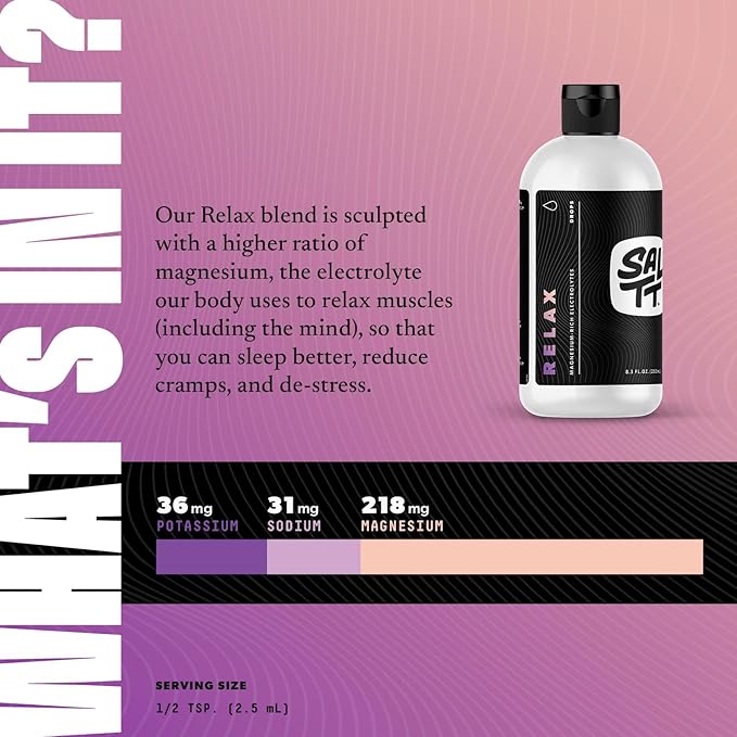 SALTT Relax Magnesium Drops - Ionic Magnesium Chloride w/Sodium Potassium Electrolytes - Trace Minerals Drops - Gluten Free Sugar Free Keto Friendly - from Utah's Great Salt Lake - 8.3 Fl Oz