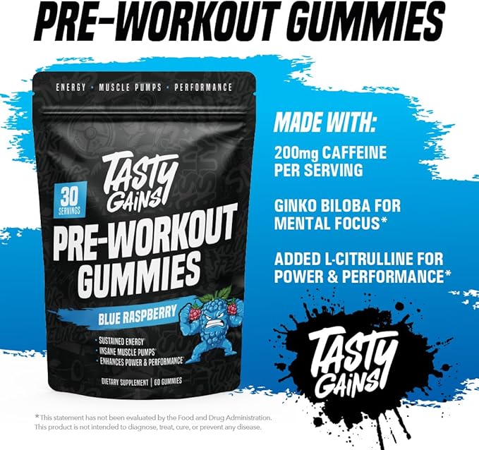 TASTY GAINS - Pre-Workout Gummies – Energy &amp Focus Boost Caffeine Gummies for Men &amp Women 200mg of Caffeine Fat-Burning Preworkout for Strength &amp Endurance (60 Pineapple Mango)