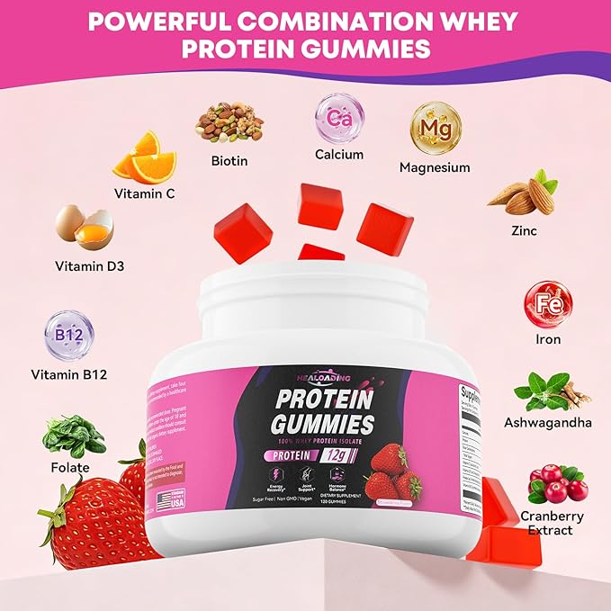 Whey Protein Gummies for Adults：12g Whey Protein Isolate Convenient Protein Supplement for Active Lifestyle Immune Support &amp Daily Energy Booster - Gluten-Free Non-GMOs (120 Gummies)