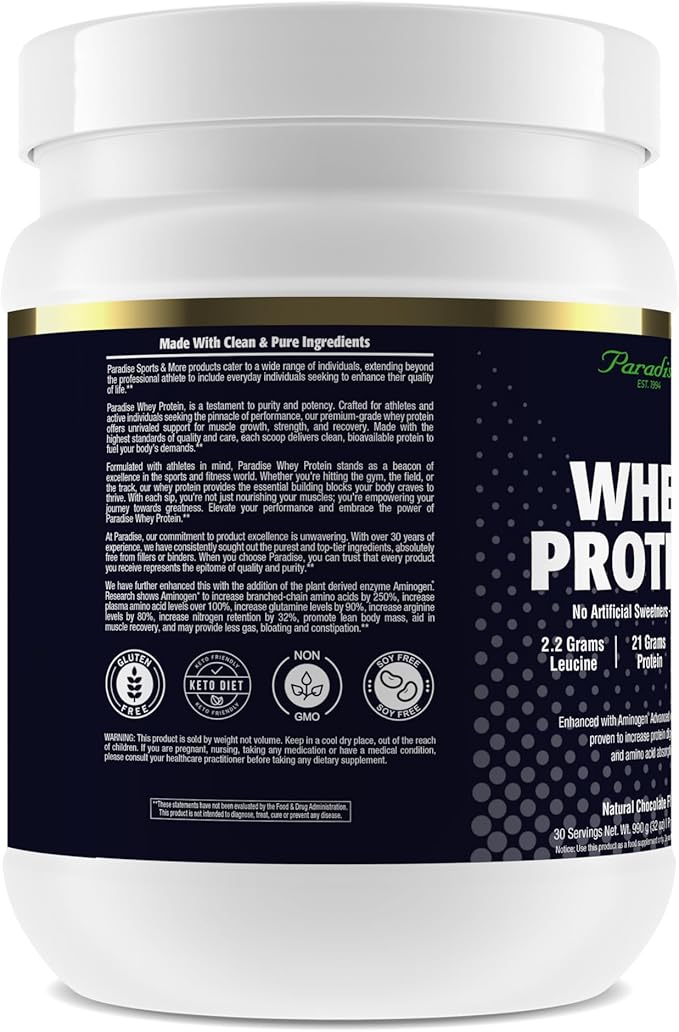 Paradise Herbs 100% Whey Protein Powder Chocolate 21g Protein 5.5 BCAA's 2.2g L-Leucine 210mg Aminogen 30 Servings