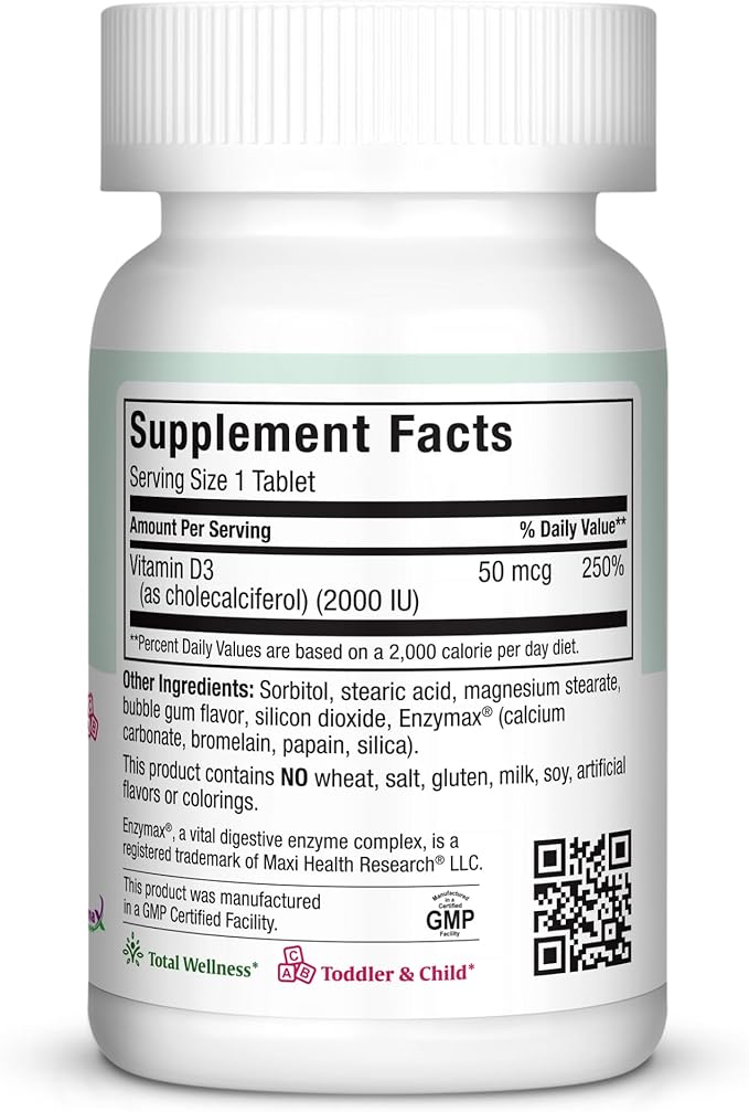 Maxi Health Chewable Vitamin D3 2000 IU Supplement - Delicious Natural Bubble Gum Flavor - Supports Calcium Absorption Immune and Bone Health in Adult Women Men Children &amp Toddlers - 200 Chews